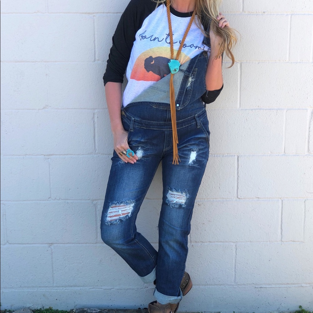 NEW Dark wash denim distressed overalls small